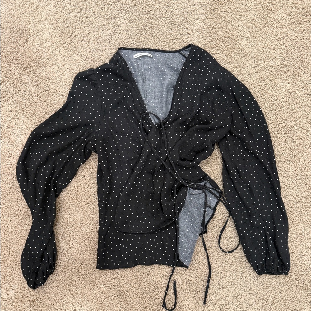 Reformation Black and White Dotted Wrap Blouse
